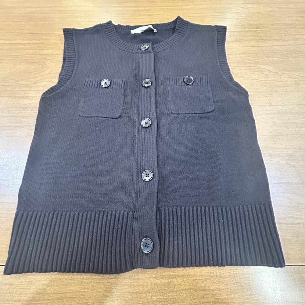 LOFT Sweater Vest Womens XS Black Button Front Crewneck Chest Pockets Knit